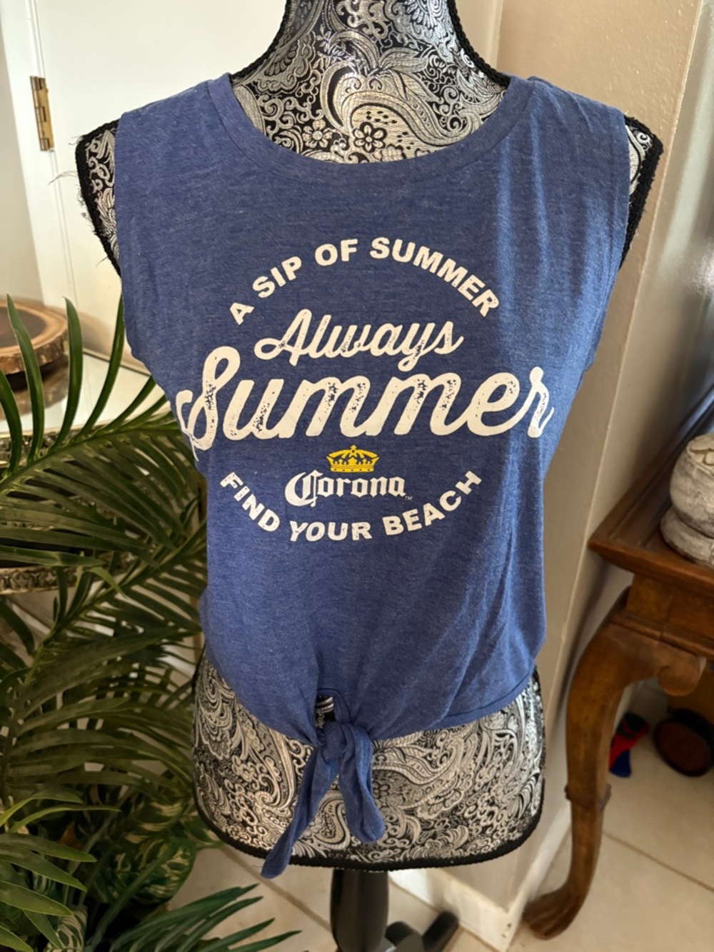 Corona Blue Sleeveless Tie-Front Graphic Tank